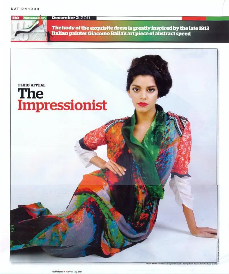 Model wearing UAE National Day dress inspired by Giacomo Balla’s abstract art, designed by Shrekahnth – featured in Gulf News 2011.